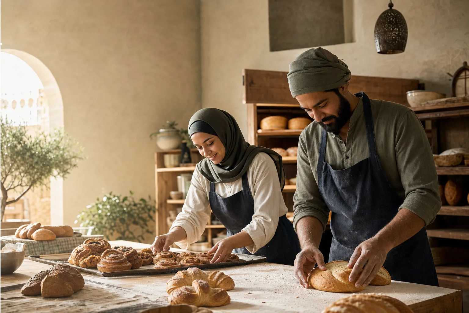 Two bakers shaping bread and pastries on a floured counter in a sunlit Sharjah bakehouse